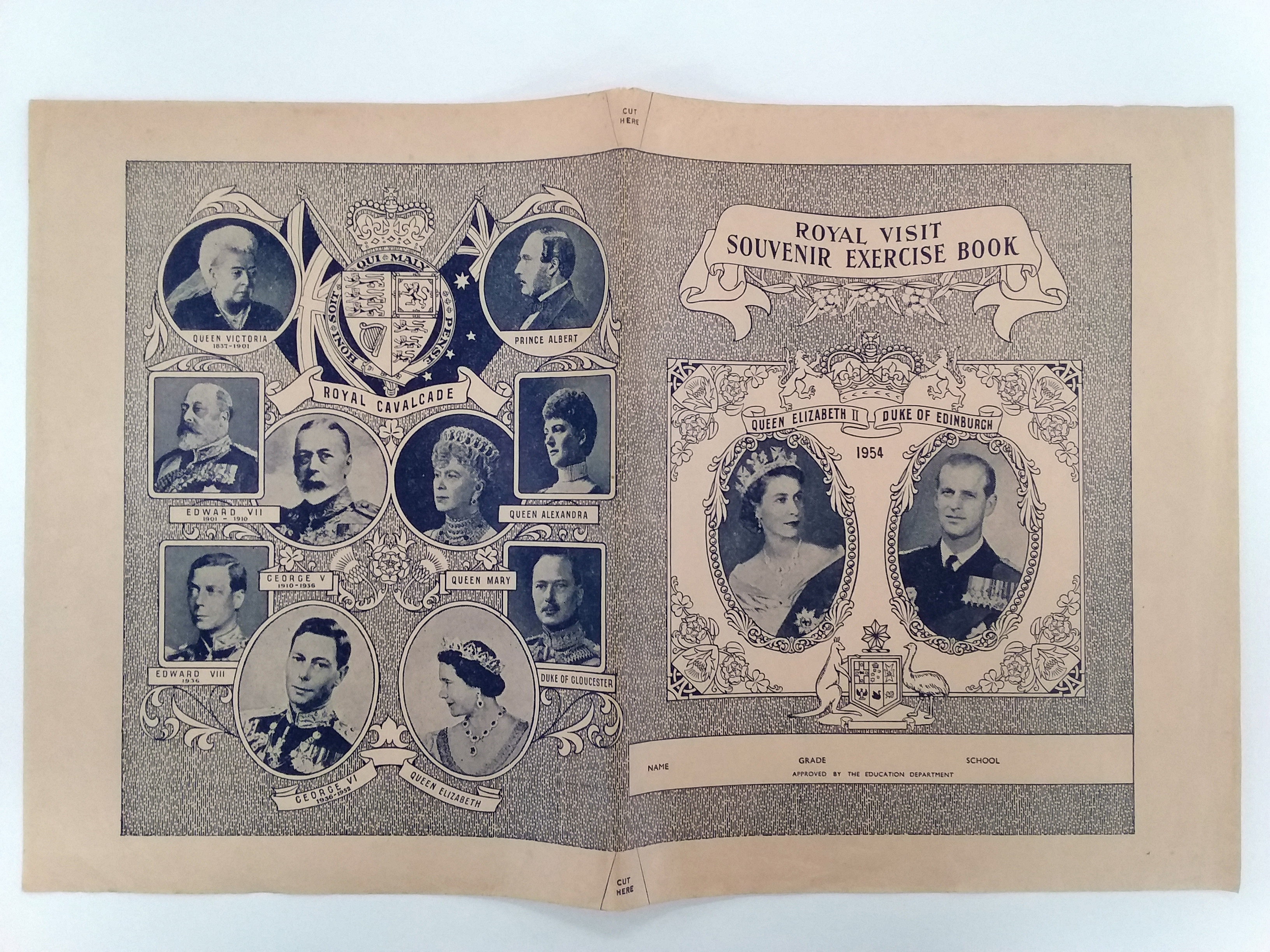 A school exercise book cover issued to children to commemorate the royal tour of 1954