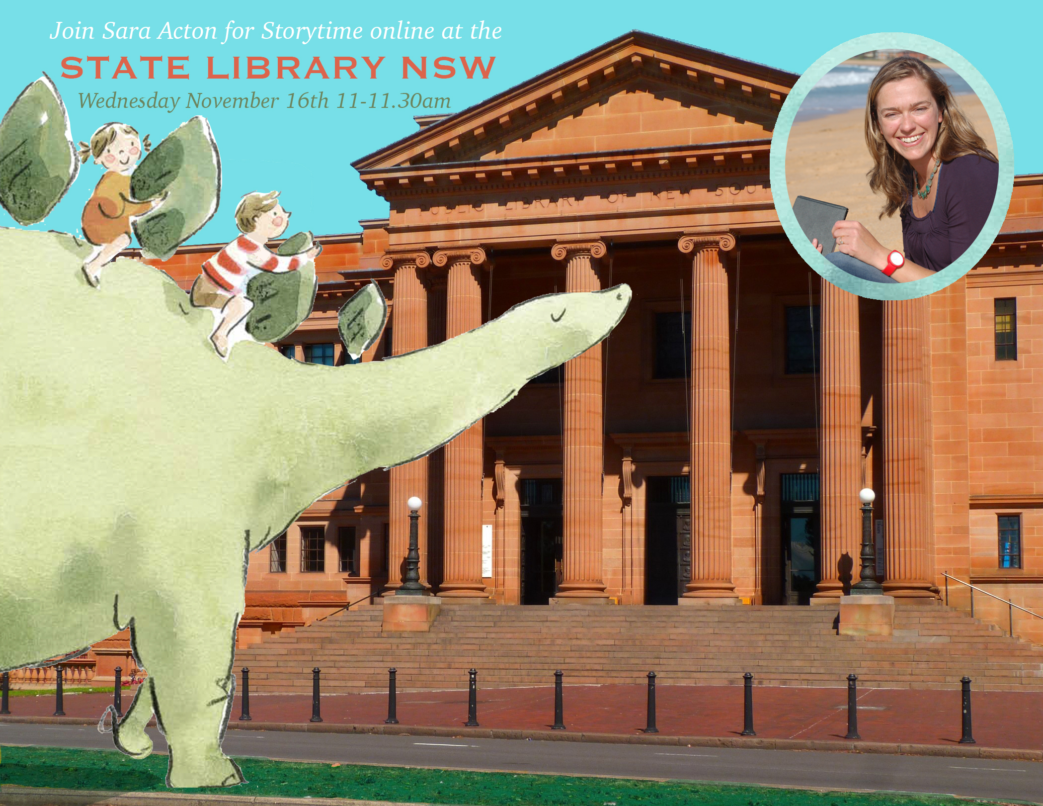 Illustrated dinosaur in front of the State Library building