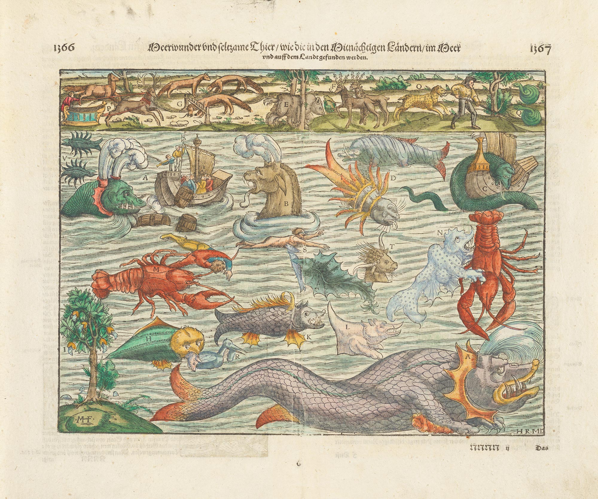 Colourful woodcut depicting sea monsters in the ocean.