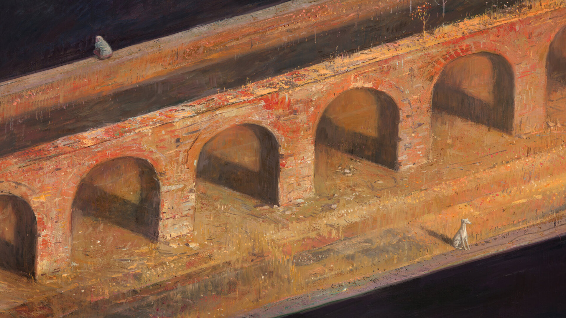 An oil painting showing an aqueduct with a person on one side of the aqueduct and a dog on the other 