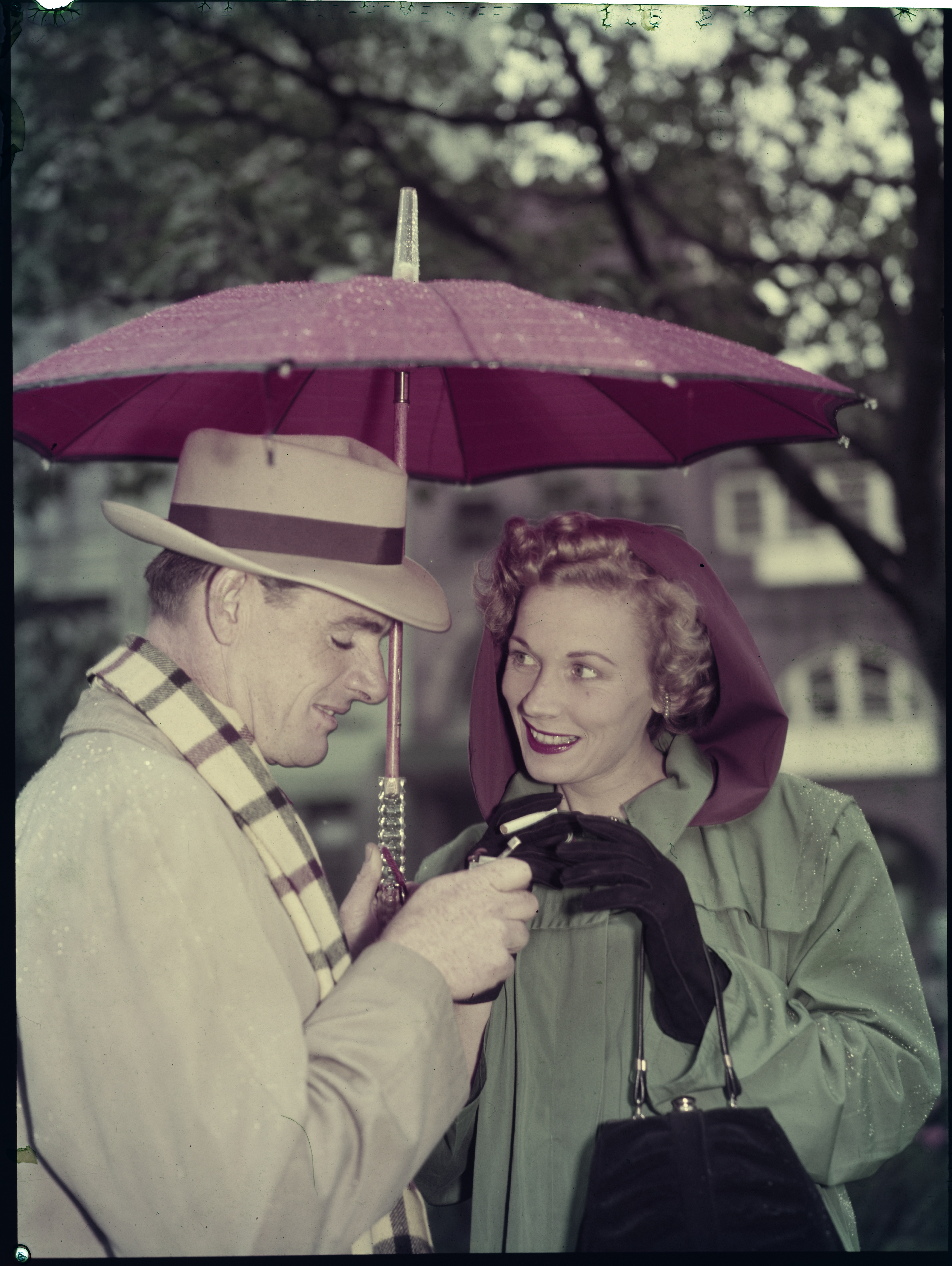 File 8: Home, black and white of colour, couple in rain in park, March 1950 / photographed by Max Dupain