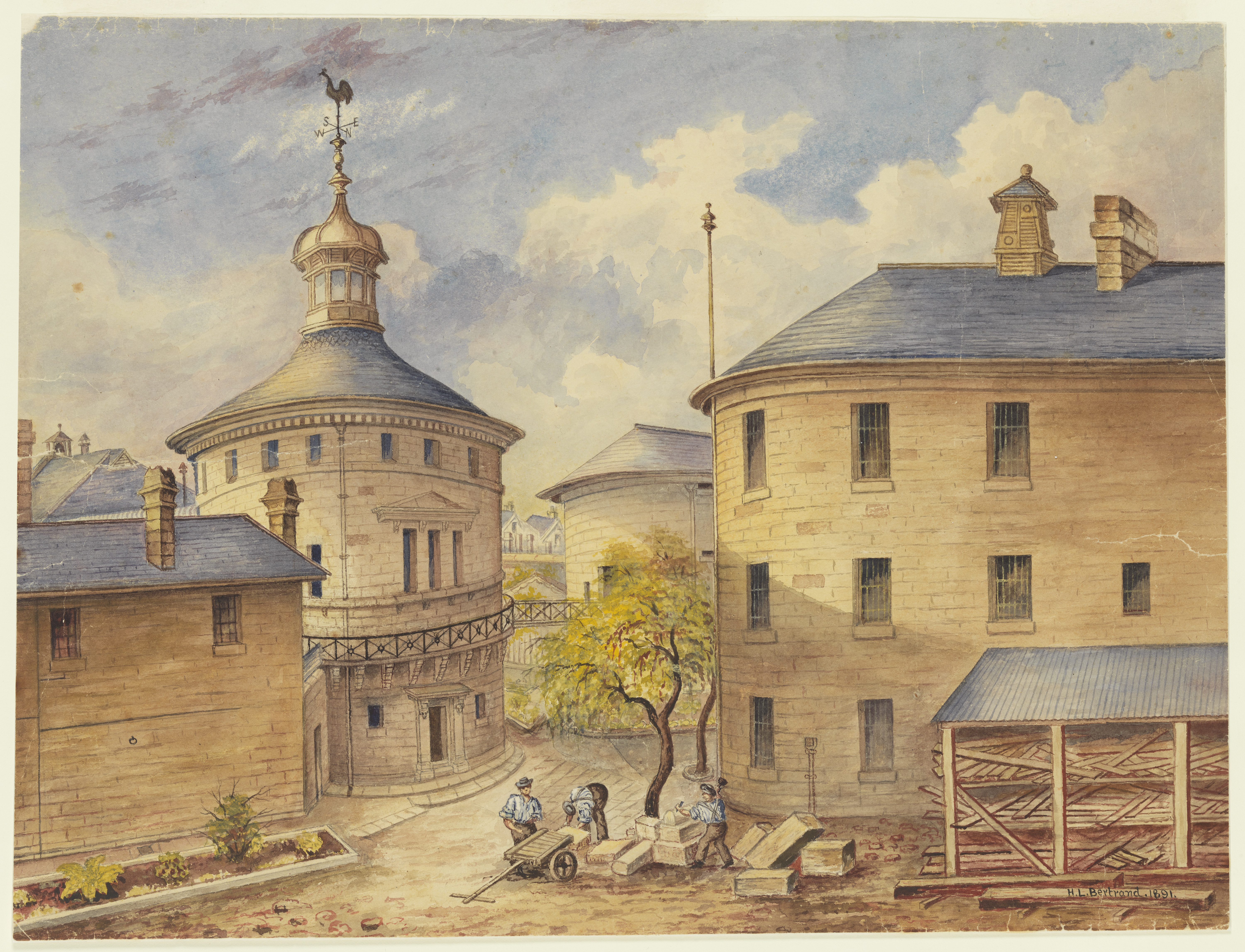 watercolour painting on colonial sandstone buildings