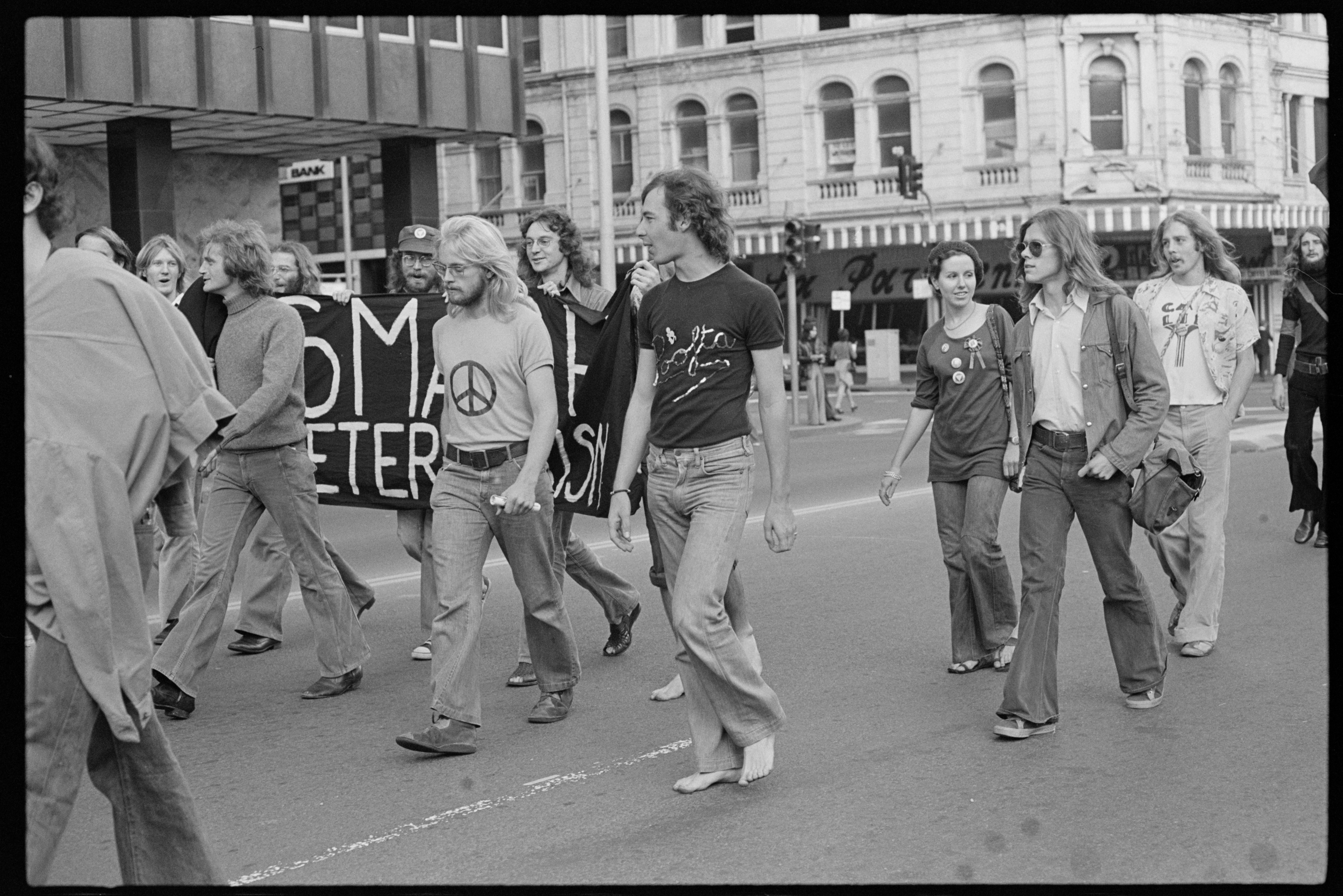 Terry Batterham marching with Sydney Gay Liberation, May Day march, 1974, photographed by Anne Roberts, Tribune negatives collection 