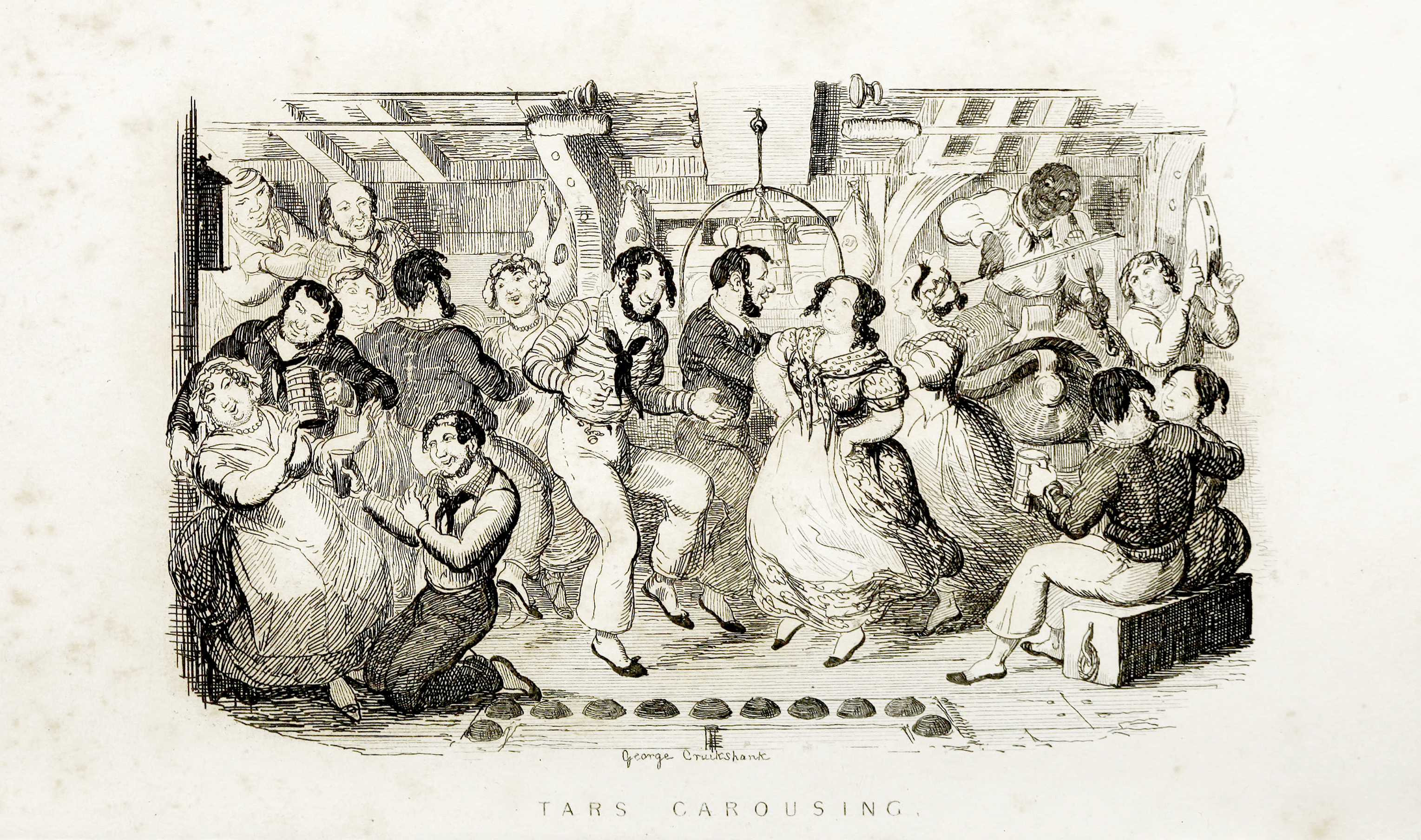 Illustration by G Cruikshank, from Songs of the Late Charles Dibdin, 1841, showing life between decks and the recreational singing of ‘fo’c’sle shanties’