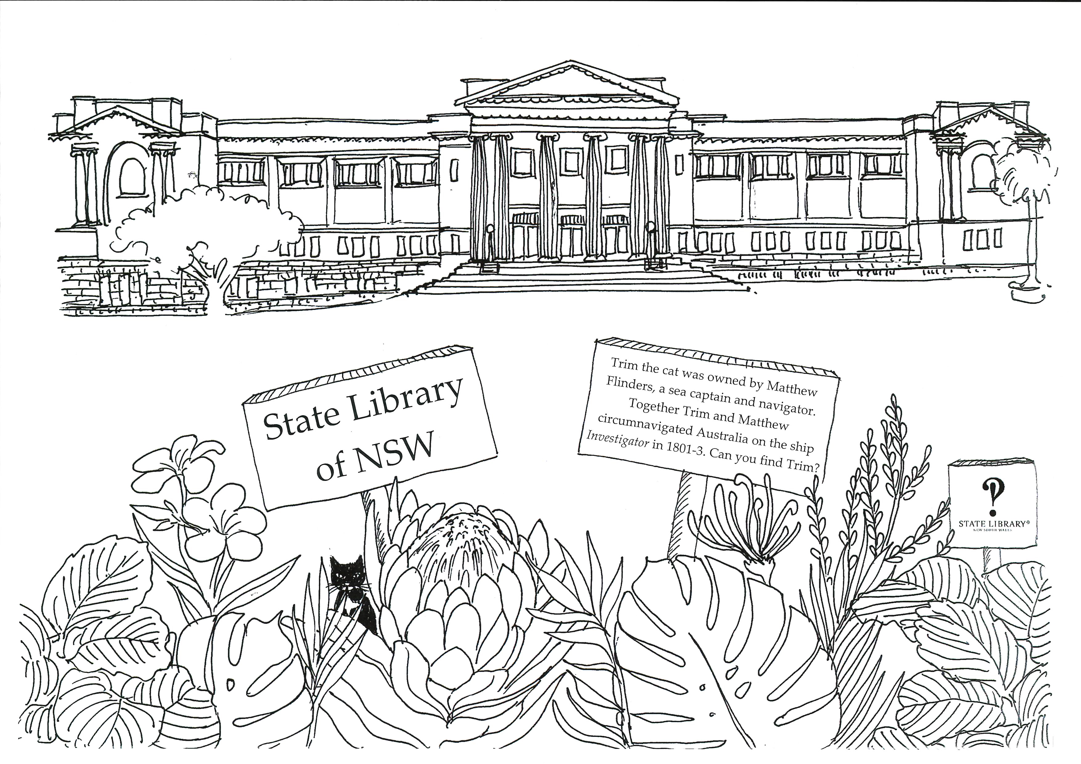 A black line drawing of the State Library of NSW