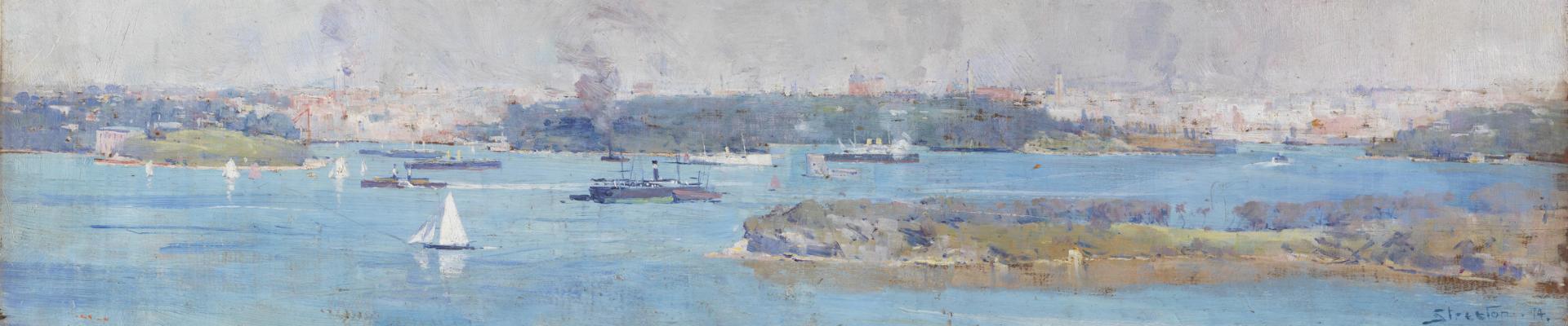 Oil painting. Panoramic scene of a harbour.