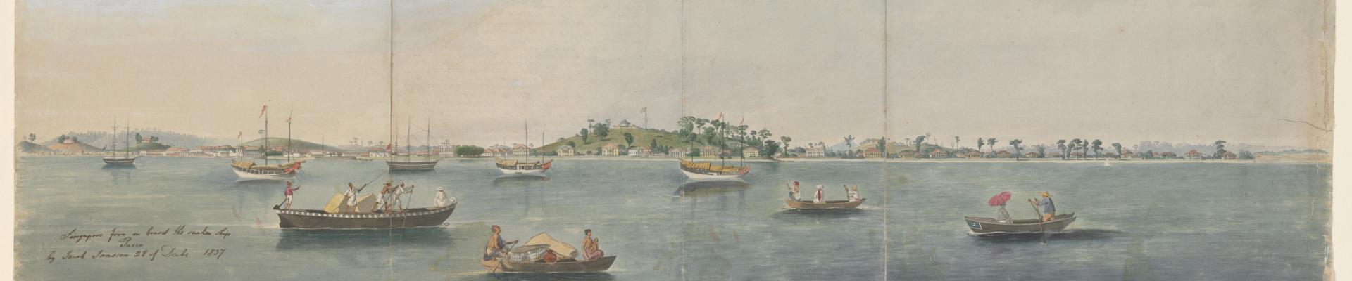 Jacob Janssen Singapore from on board the sunken ship Pasco, December 28, 1837, watercolour (detail)