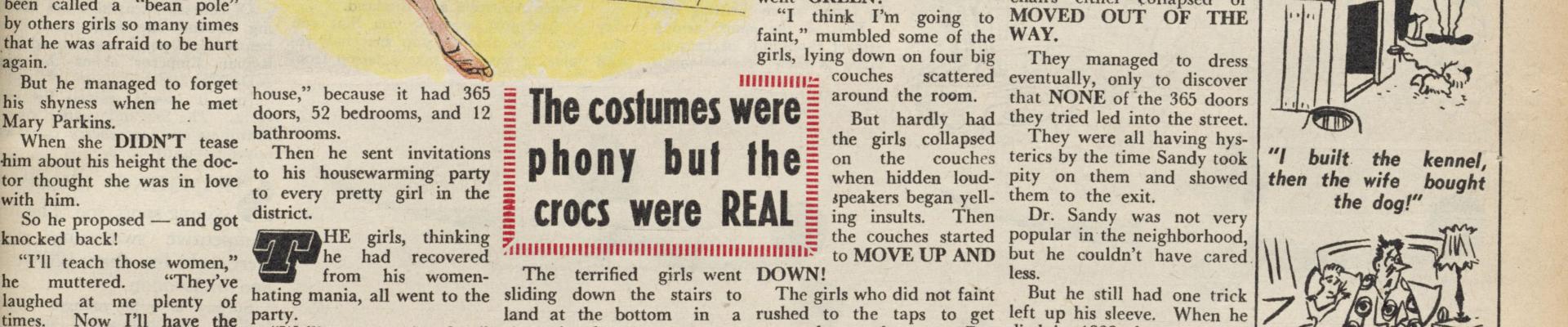 An old magazine page, with the main headline: "The doctor who hated women: He gave the girls vanishing swimsuits!"