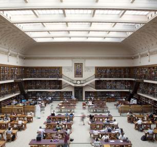Mitchell Library Reading Room from above with bookcases and desks