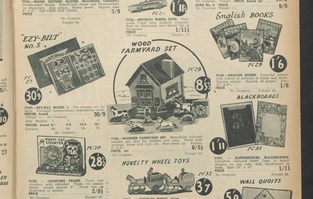 A page from a catalogue showing various toys for sale