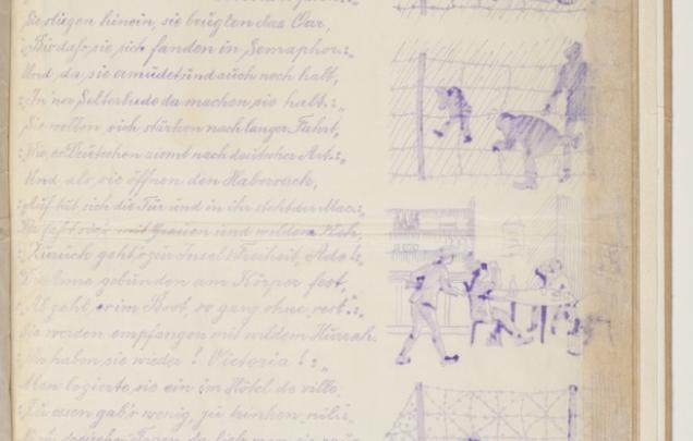 Page from a lined notebook with tight handwriting in blue pen. The page is lined with illustrations. 