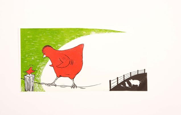A red chick and red chicken standing face to face on a green background