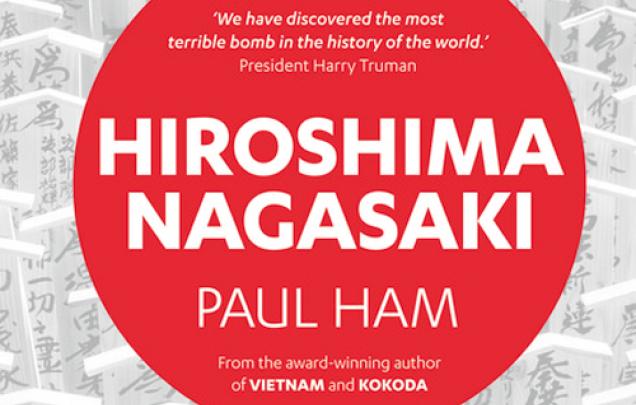 Japanese memorial markers for people on book cover for Hiroshima Nagasaki by Paul Ham
