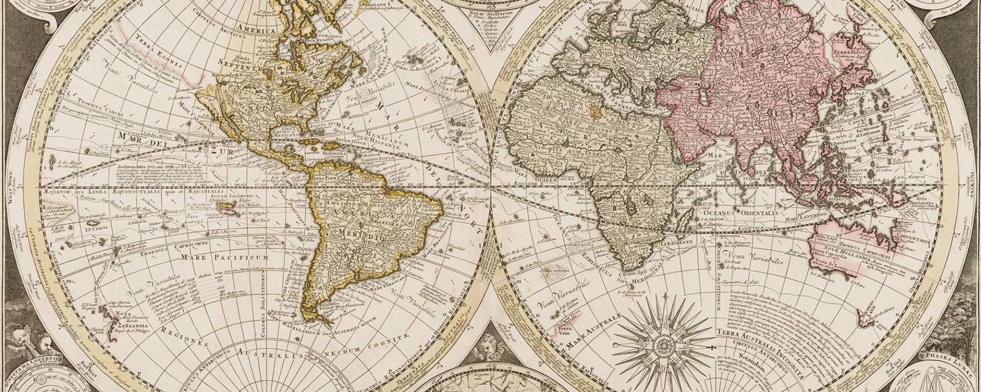 An intricate map of the world in two circles, with other circle-based map views of various hemispheres.