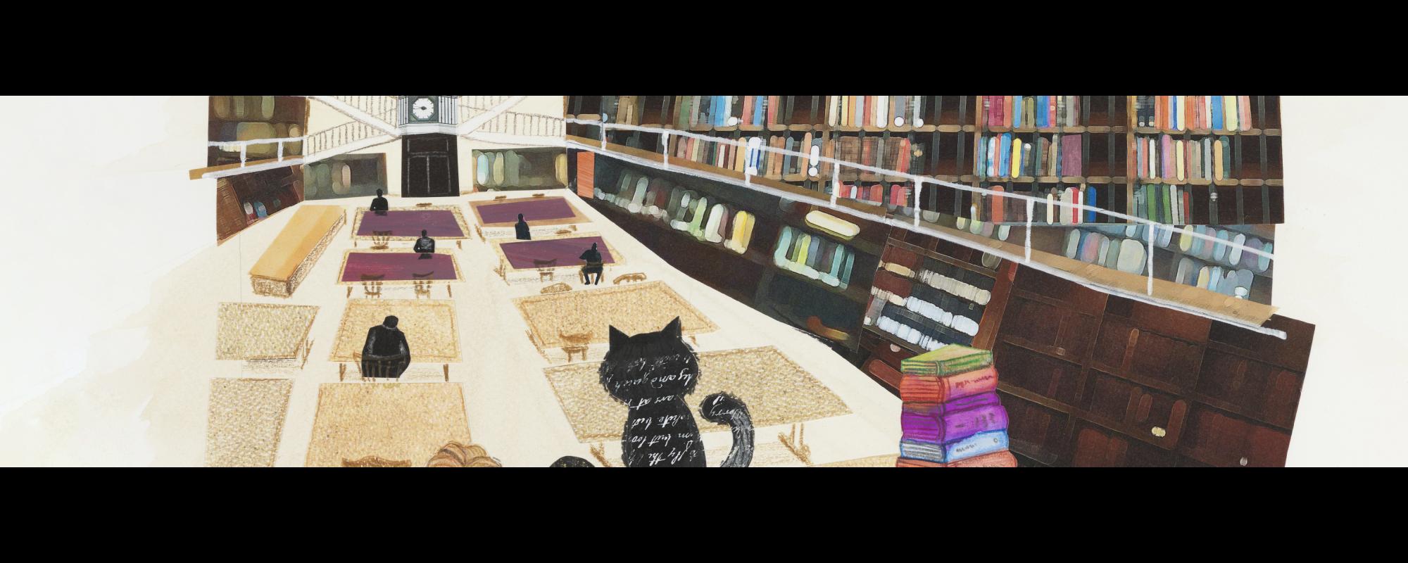 A cat looks across a large room full of tables with books on the walls