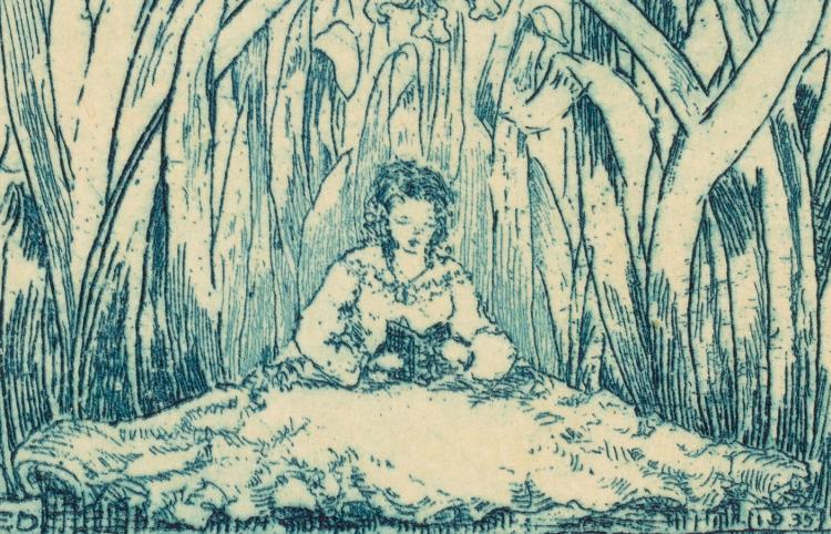 Blue illustration of woman sitting beneath plants with a book in hand