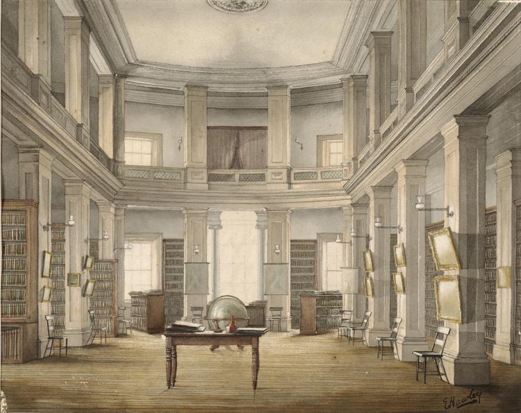 Interior, Australian Library and Literary Institution c.1868, watercolour by E. Hawley