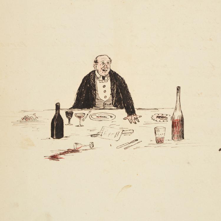 Hand drawn cartoon of a man at a table set with wine and glasses.