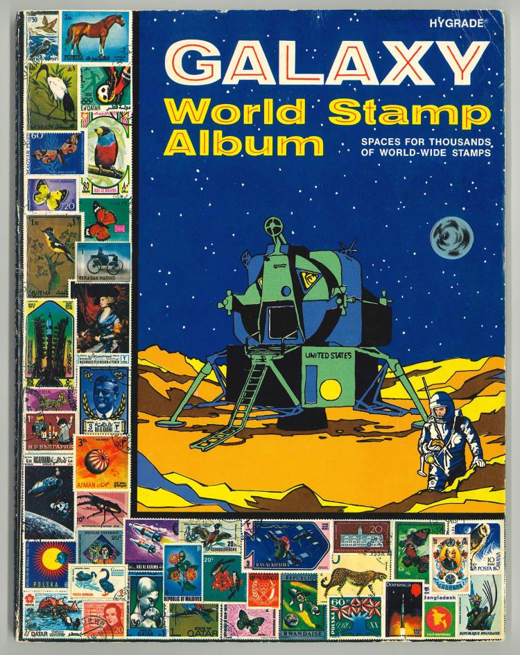 Cover of Galaxy World Stamp Album with illustration and images of stamps