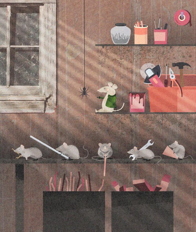 Illustration of a mice in a shed tidying and assorting tools.