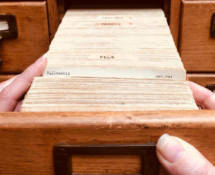 Card catalogue with the card for 'Fellowships' visible