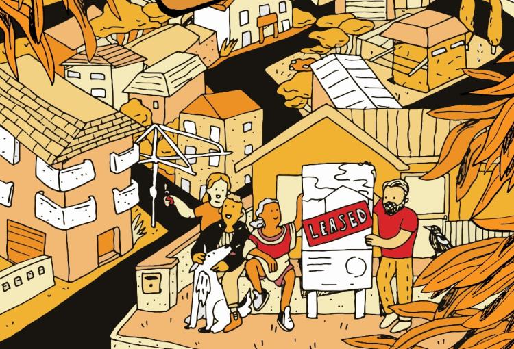 Drawing of a city scene with people holding a 'leased' sign