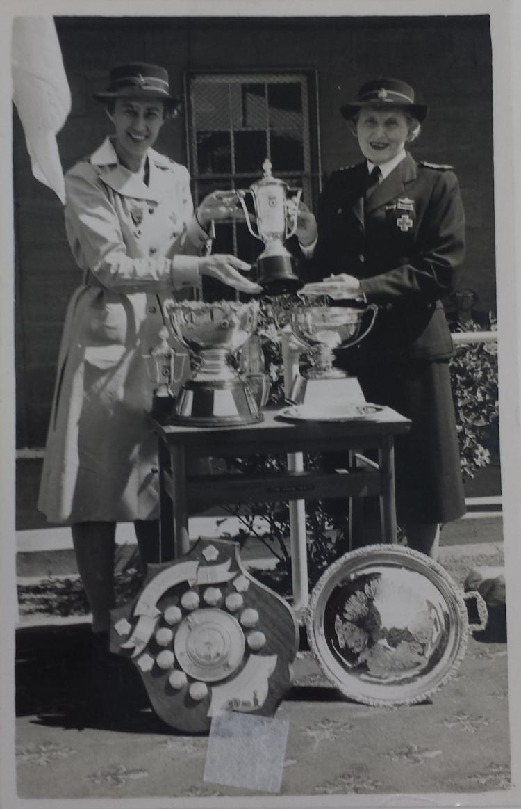 Phyllis Jenkins and Lady Galleghan with Red Cross Voluntary Aid Detachment trophies, 1970s