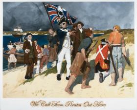 A painting of Captain Cook on the shore with his crew, one of whom is waving a Union Jack with the Jolly Roger painted over it.