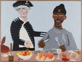 A painting of Captain Cook and an Aboriginal man at a feast together.