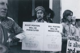 Lex Watson holding double poster: ‘Mary Posters will be Persecuted/ Bill Posters will be Prosecuted’, CAMP/Sydney Gay Lib demonstrators outside ABC Headquarters, Castlereagh Street, Sydney.