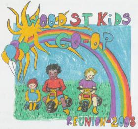 An illustration of children on toy motorbikes titled "Wood St Kids Co-op Reunion - 2008".