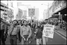Gay and lesbian rights march, George St, Sydney, 15 July 1978, photo © Geoff Friend