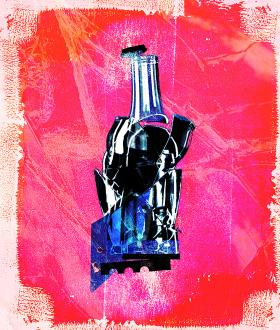 Graphic image of a broken glass bottle on red background