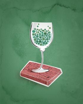 Illustration of peas in a wineglass, on a book.