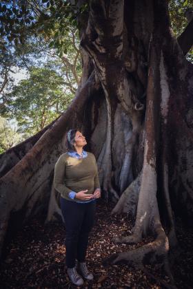 Indira Naidoo stands next to a tall strangler fig tree looking up.