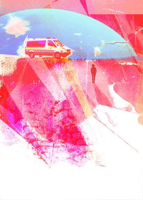 Abstract illustration red tones with ambulance 
