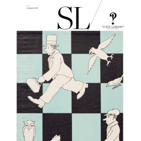 Magazine cover featuring an illustrated man with a briefcase on a checkerboard design.