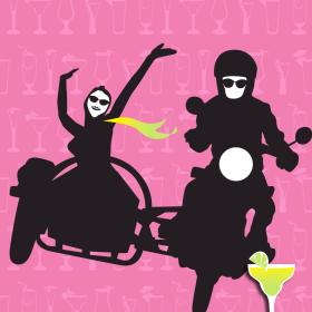 Motorbike and sidecar with riders and pink background