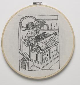 Embroidered illustration of man with books