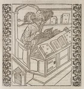 Black ink illustration of man at desk with books