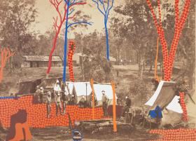 A sepia image of a bush campground with a number of people standing around, with colourful painted designs overlaid.. 