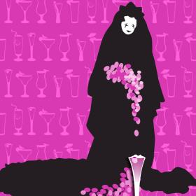 Graphic of woman with wedding dress and grapes as bouquet