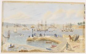 Watercolour artwork of Sydney Harbour with boats in 1889