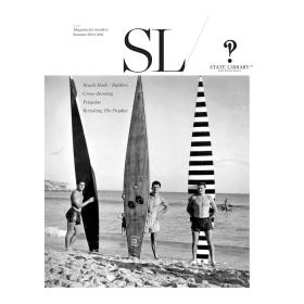 3 men standing and holding their surf boards on beachfront on cover of Summer 2009-2010 New South Wales State Library Magazine