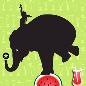 graphic of person on elephant with watermelon