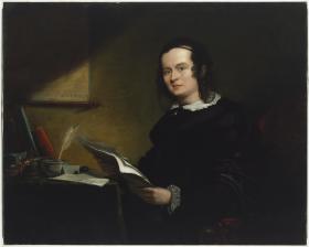 painting of a woman seated at a desk, papers in hand 1852