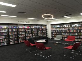 Library bookshelves and seating area