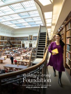 Cover of Foundation Annual Report 22_23 featuring a librarian in the Mitchell Library Reading Room