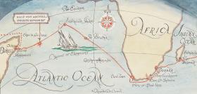 Detail: Chart of the Atlantic: Halfway around: Opposite Mossman Bay: Kathleen's voyage, Ascension Island, Receife, Brazil: Jan, Feb, March 1948: Log 7