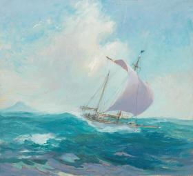 Detail: [The Kathleen Gillet in full sail], oil on card, Kathleen's voyage number 2, Thursday Island to Christmas Island, July-August 1947